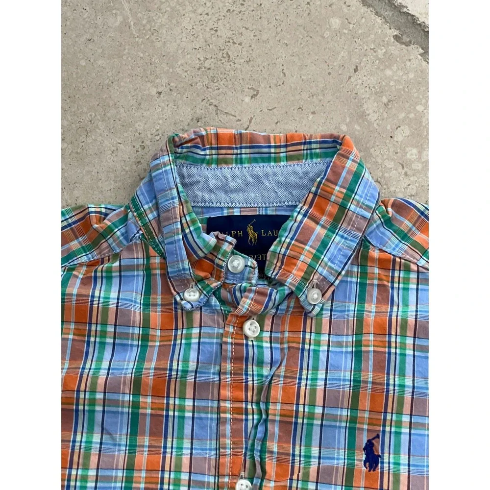 Ralph Lauren Boys Plaid‎ Button Down Shirt Orange Blue Green 3T Long Sleeve
